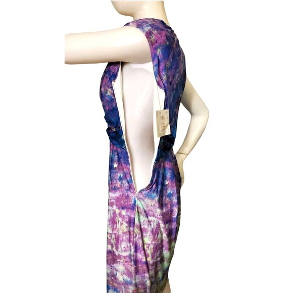 Suzi Chin Sm Y2k Dress Drape Neck Knee Length Sheath Tie-dye Bodycon Dead Stock - Picture 6 of 14